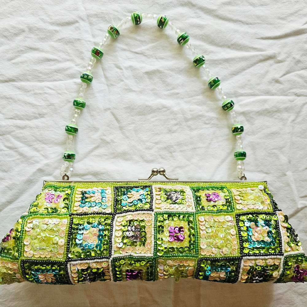 Green Sequin Beaded Handle Clutch Handbag 6"x14"